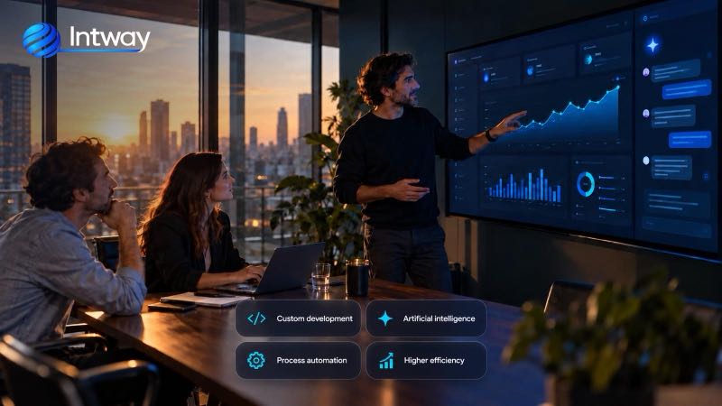 Intway team presenting a custom AI-powered dashboard: custom development, artificial intelligence, process automation and higher efficiency