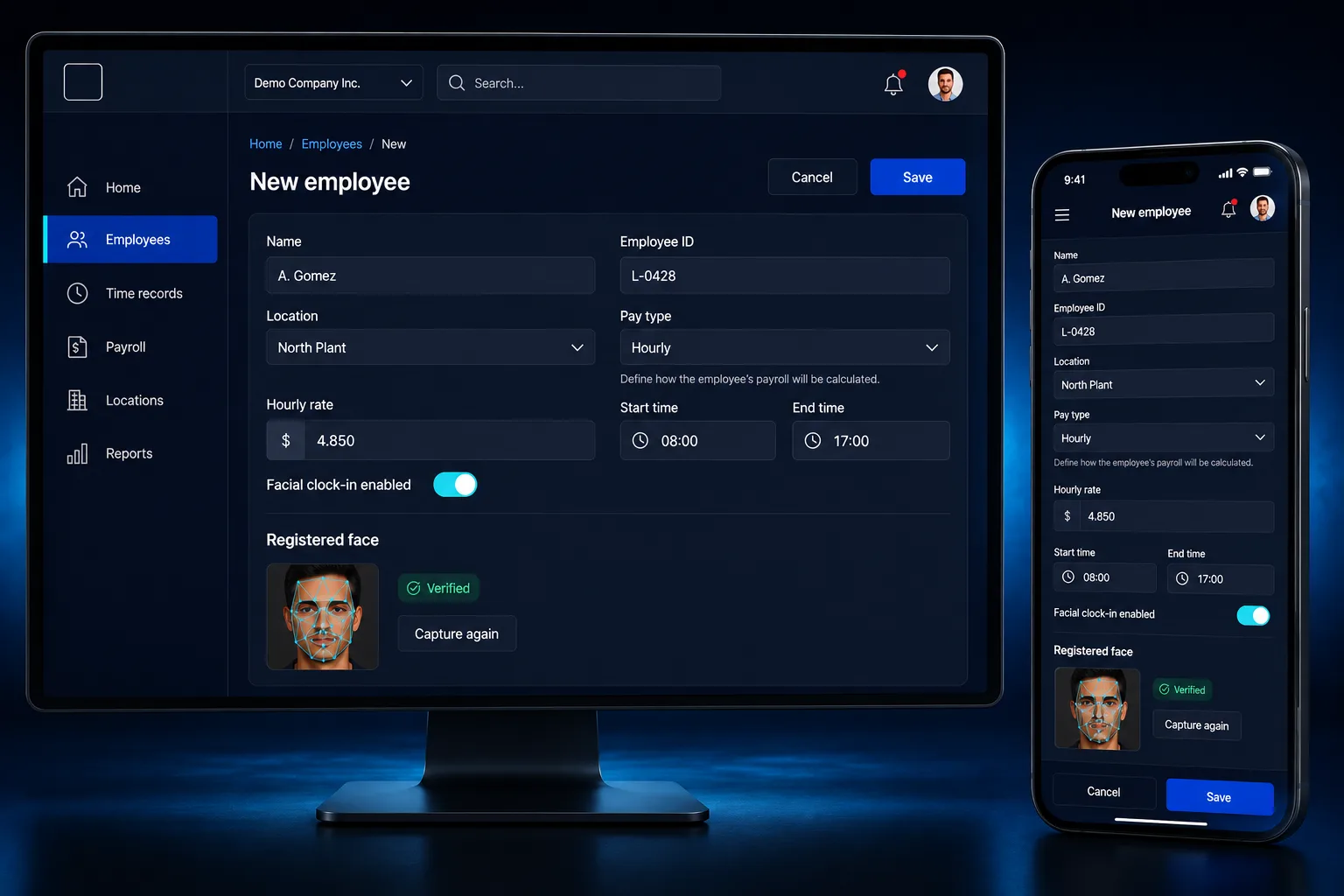 Employee creation form in the web panel, with site, pay type, hourly rate and the enrolled face