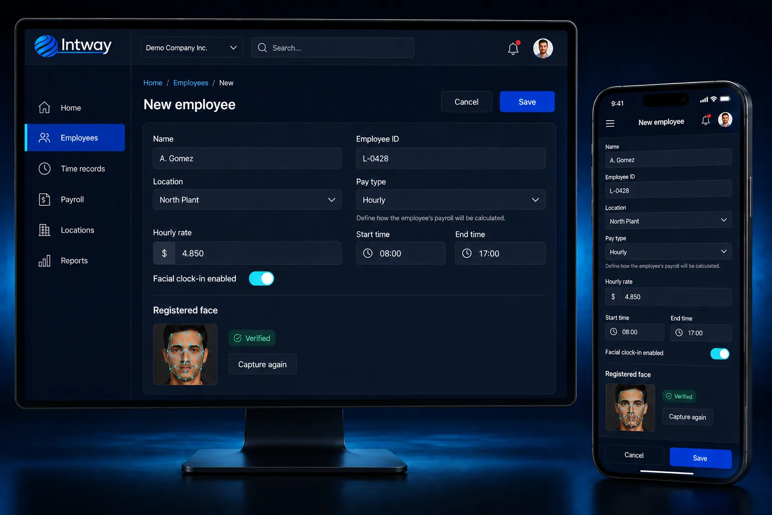 Employee creation form in the web panel, with site, pay type, hourly rate and the enrolled face