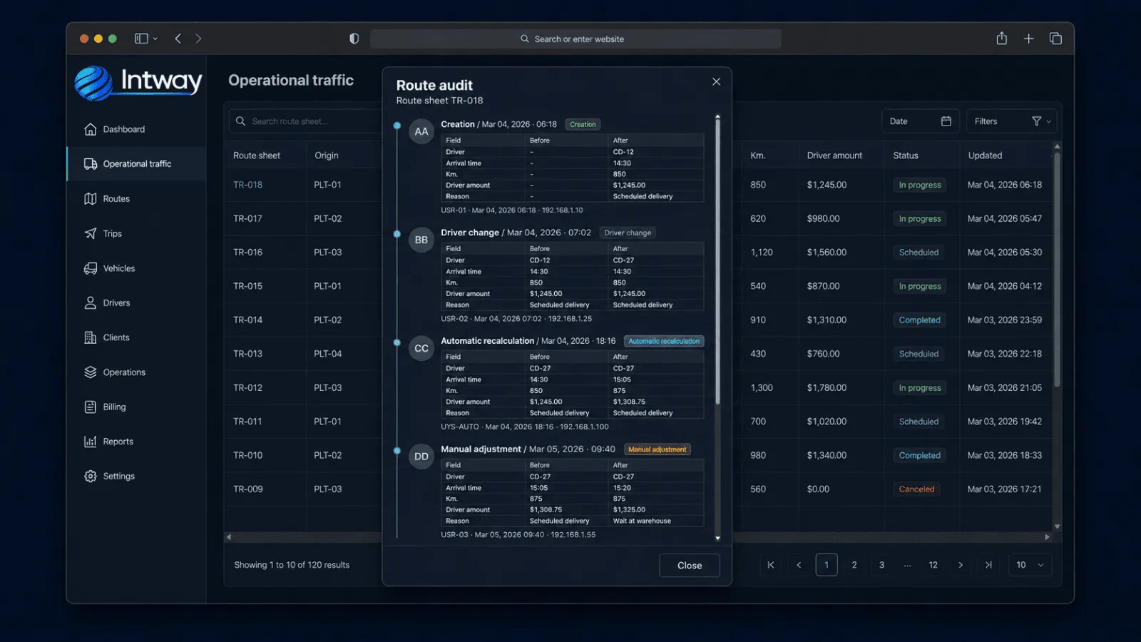 Change and recalculation history for an operational route