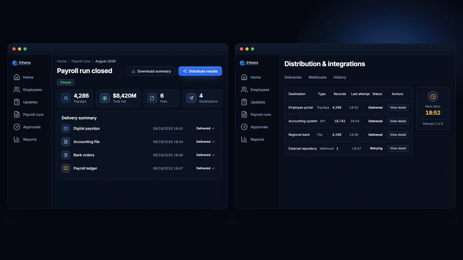 Distribution center for payslips, banking files and integrations