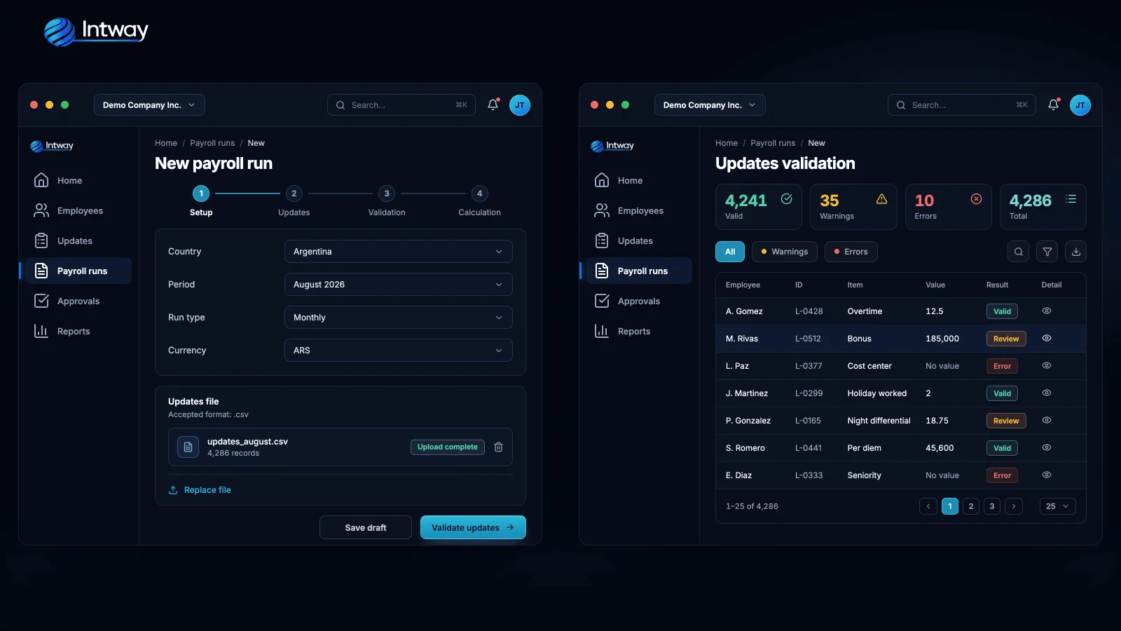 Payroll configuration and input validation screens