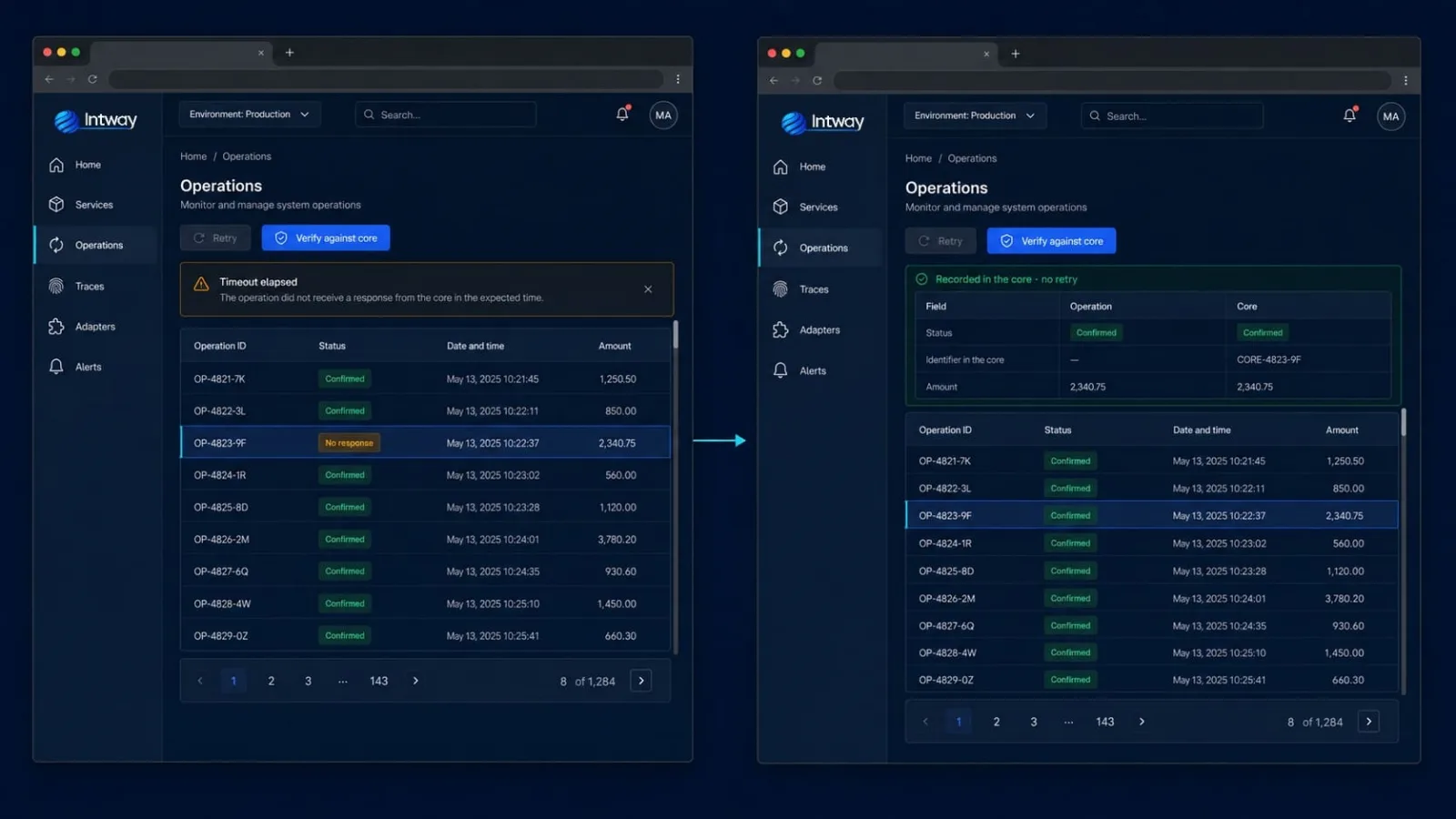 Operation without a response and its verification against the banking core before any retry