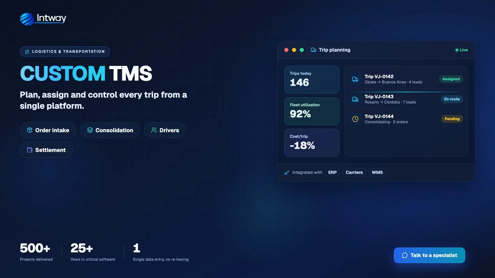 TMS transportation management dashboard with trip planning and load assignment