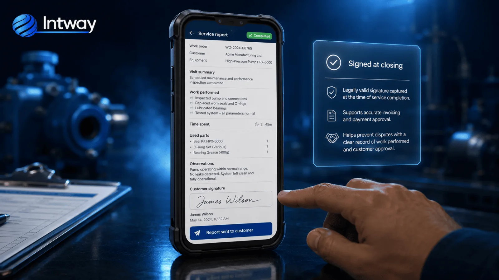 Service report signed by the customer on the device